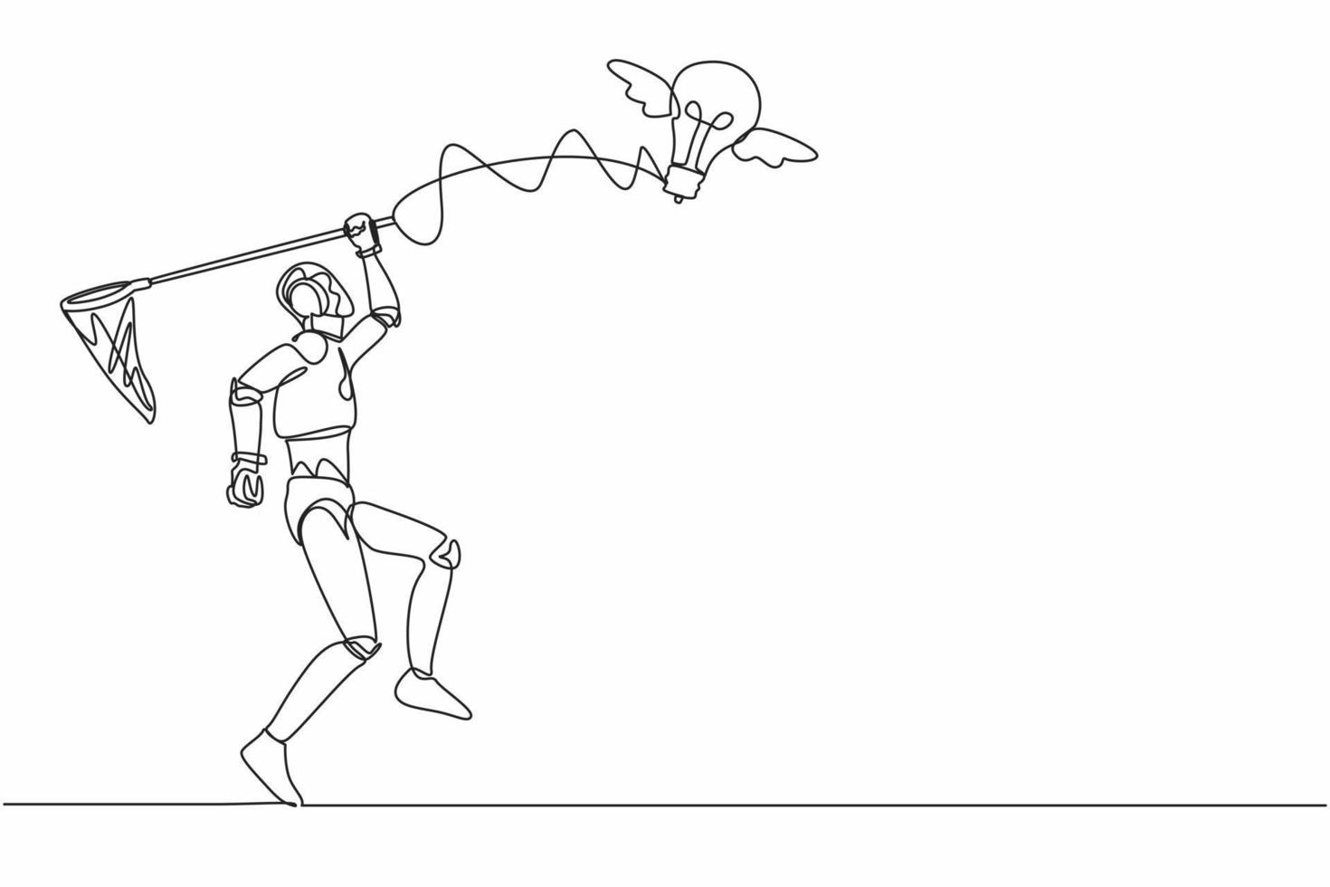 un solo robot de dibujo de una línea intenta atrapar una bombilla voladora con una red de mariposas. Difícil de buscar inspiración tecnológica, idea creativa. aprendizaje automático. ilustración de vector gráfico de diseño de línea continua