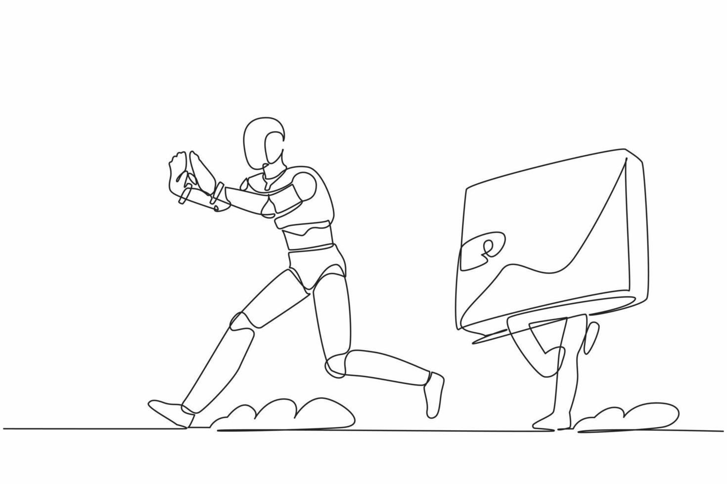 Single one line drawing stressed robot being chased by wallet. Losing money and business profit. Future technology development. Artificial intelligence. Continuous line draw design vector illustration