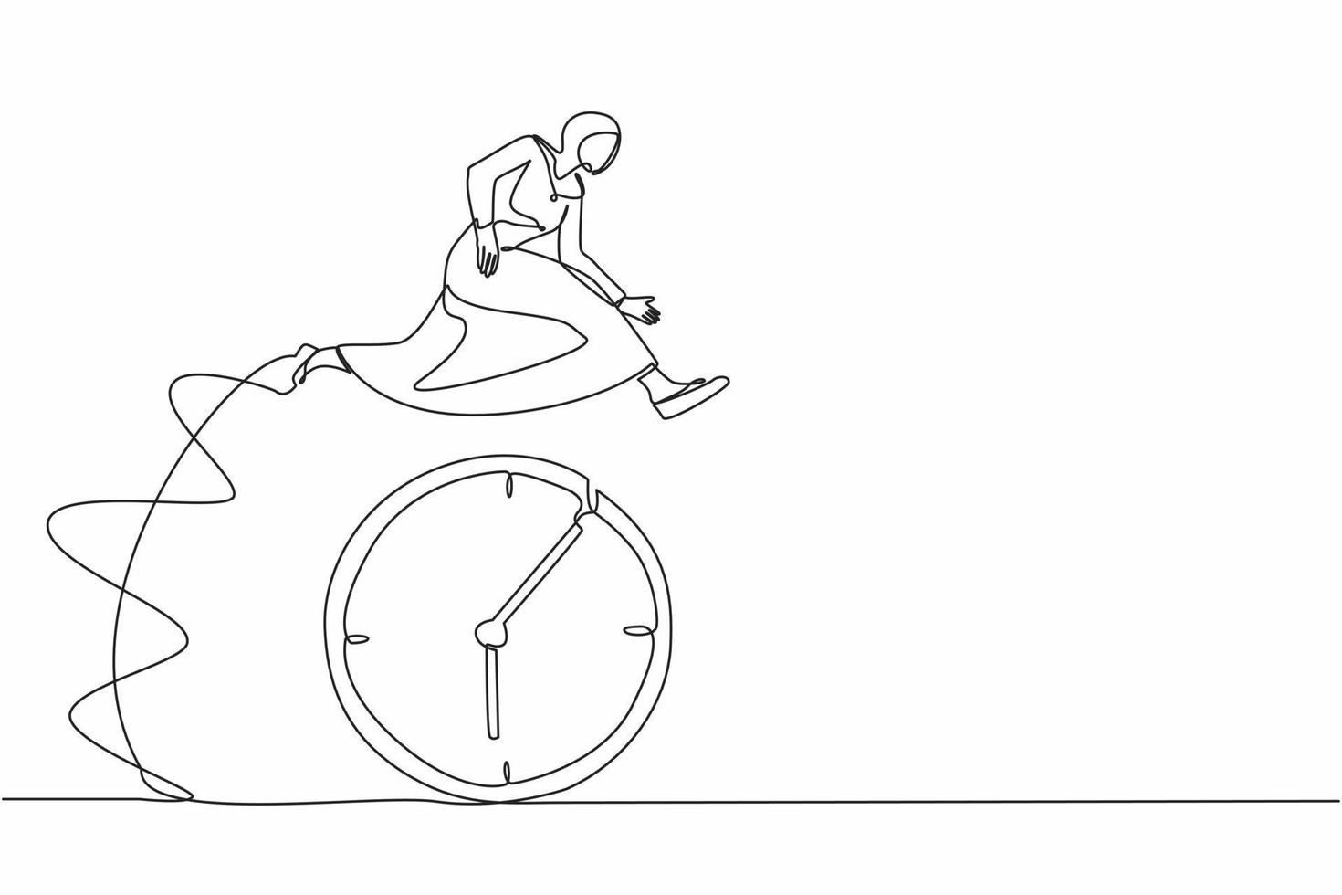 Continuous one line drawing Arabian businesswoman jump over time passing clock. Task planning, work effectiveness. Good time management, scheduling. Single line draw design vector graphic illustration