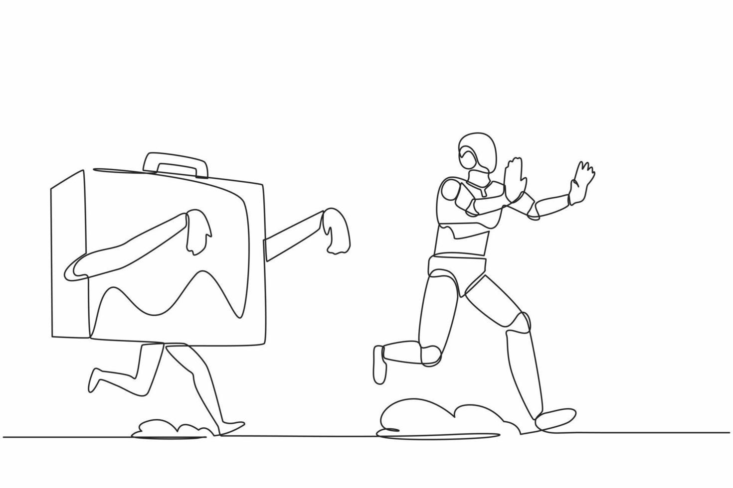 Continuous one line drawing stressed robot being chased by briefcase. Afraid with evaluation of project performance. Humanoid robot cybernetic organism. Single line design vector graphic illustration