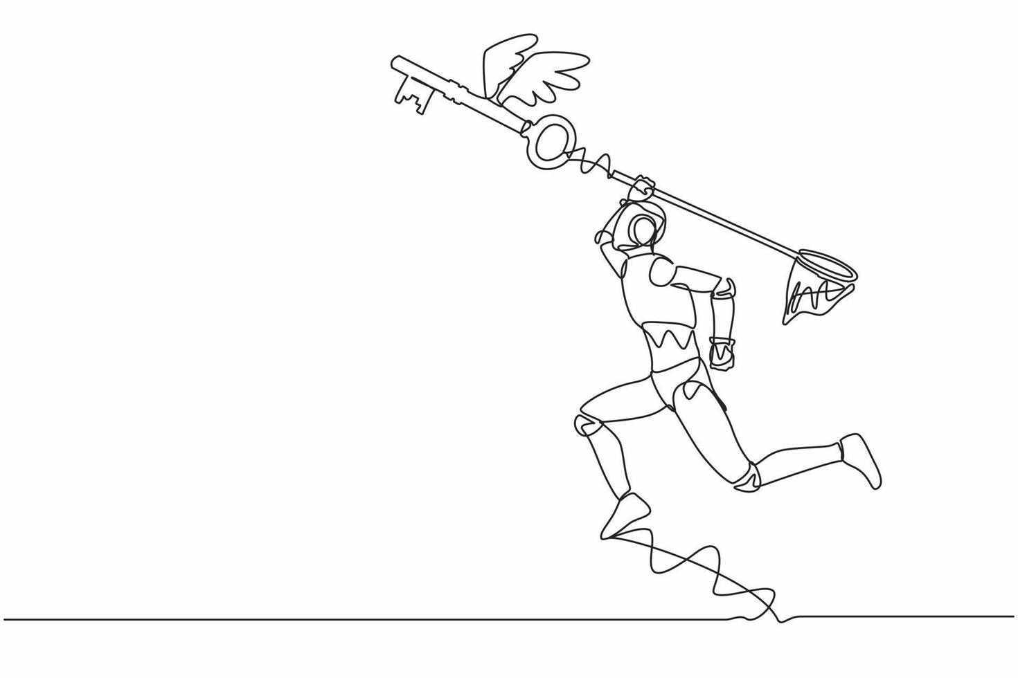 Single continuous line drawing robot try to catching flying key with butterfly net. Find key to solve technology problems. Robotic artificial intelligence. One line graphic design vector illustration