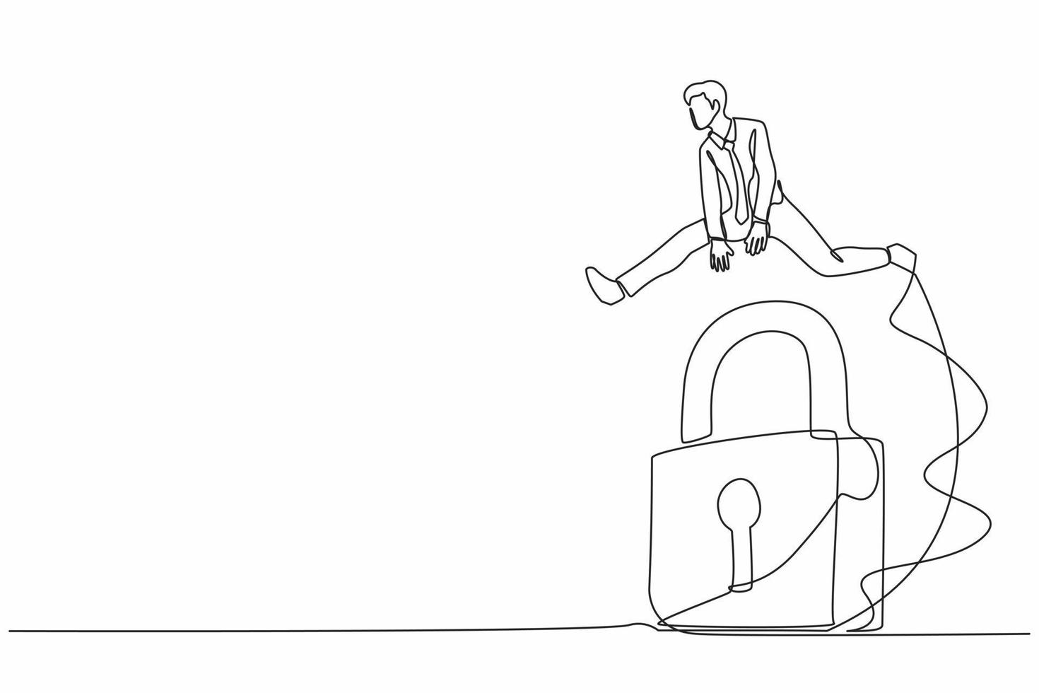 Single one line drawing businessman jumping over big lock. Solve business problem, professional solutions, success key or unlock business accessibility. Continuous line draw design vector illustration