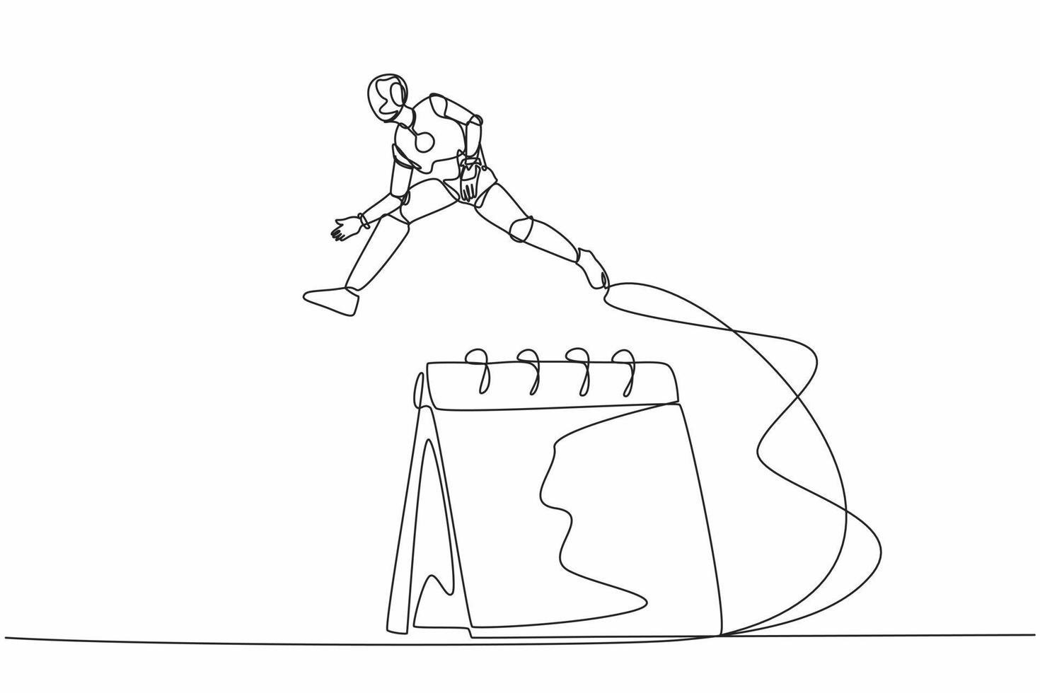 Continuous one line drawing robot jumping over big calendar, planning month work in desk calendar. Humanoid cybernetic organism. Future robotic development. Single line draw design vector illustration