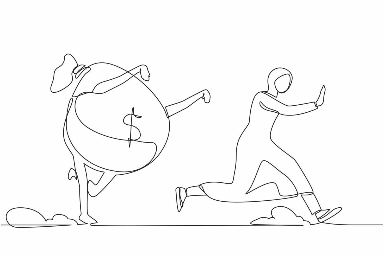 Single one line drawing fright Arab businesswoman being chased by money bag. Female worker hurry in achieving wealth goals. Minimal metaphor concept. Continuous line design graphic vector illustration