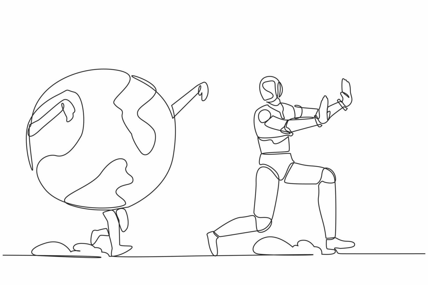 Single one line drawing stress robot being chased by globe. Afraid about climate change, ecological destruction. Future technology development. Continuous line draw design graphic vector illustration