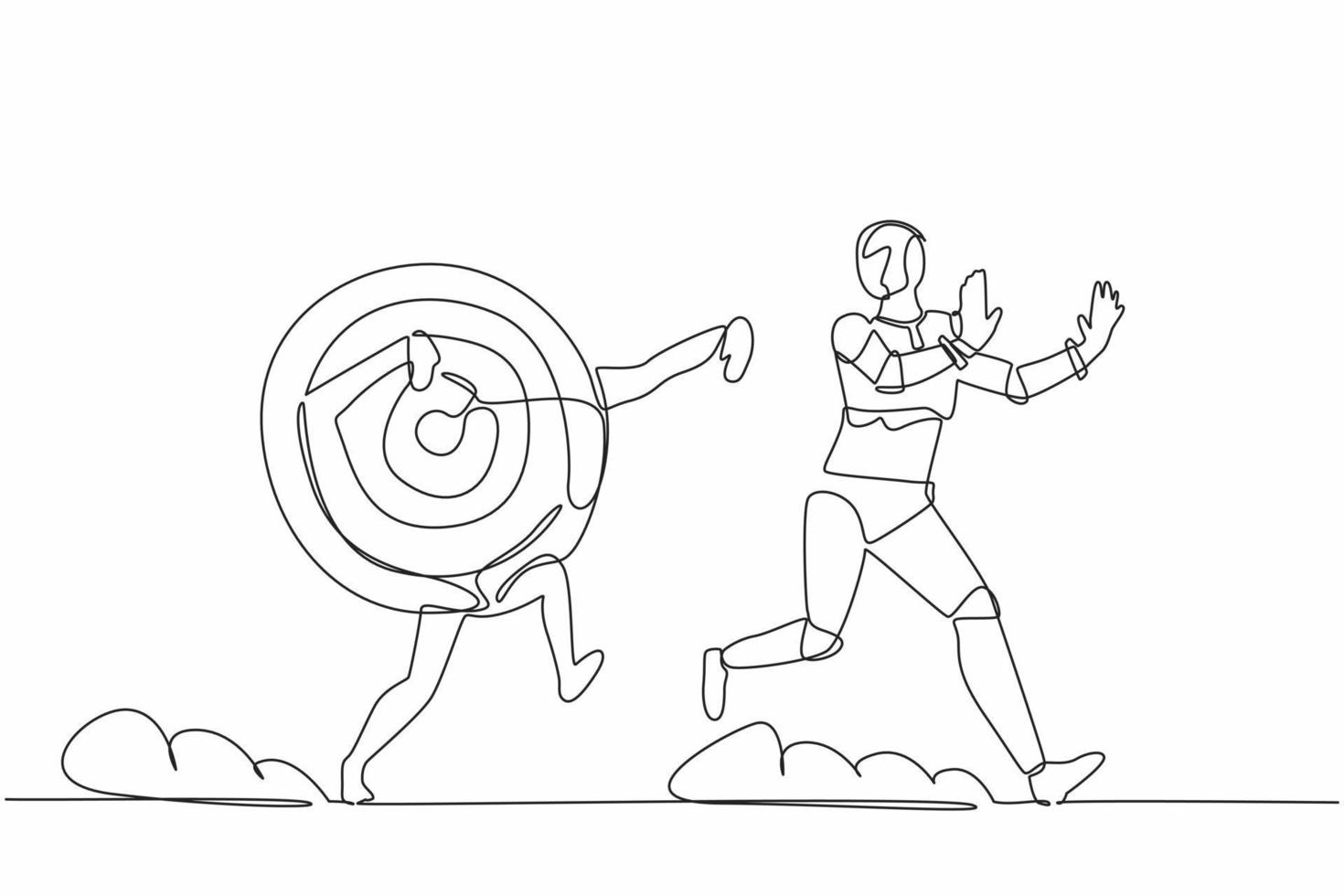 Continuous one line drawing stressed robot being chased by archery bullseye target. Losing idea in business goals. Humanoid robot cybernetic organism. Single line design vector graphic illustration