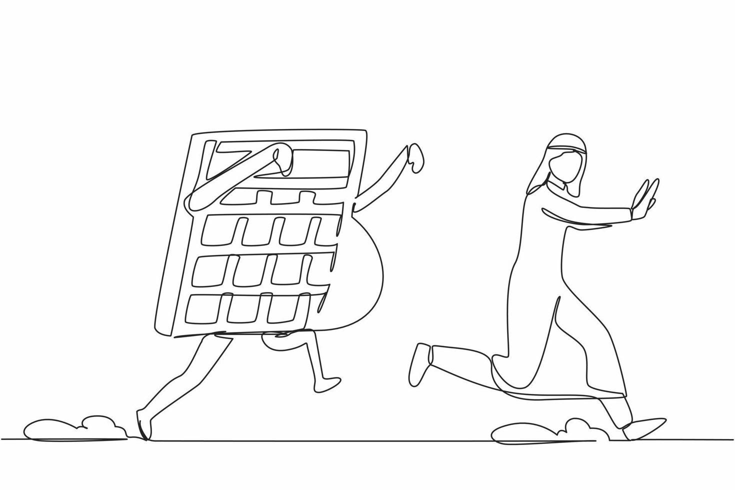 un solo dibujo de una línea infeliz hombre de negocios árabe perseguido por la calculadora. Miedo a los cálculos de la crisis económica. conteo de pérdidas comerciales. ilustración de vector gráfico de diseño de línea continua
