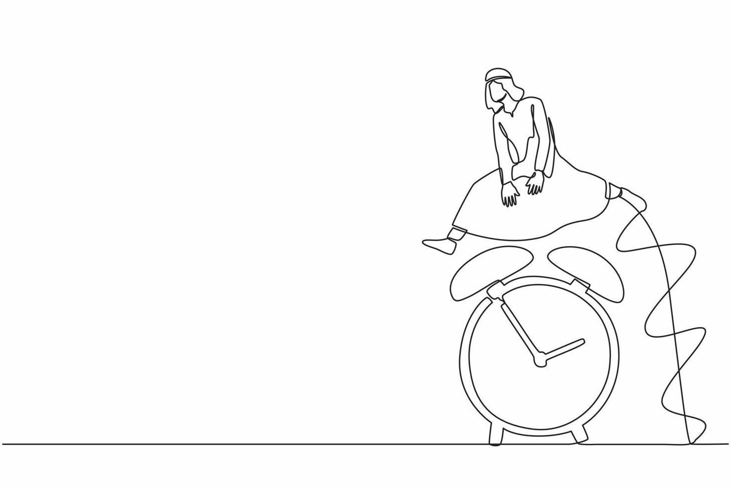 Single continuous line drawing Arabian businessman jump over time passing alarm clock. Overload work with deadline. Working time efficiency concept. One line draw graphic design vector illustration