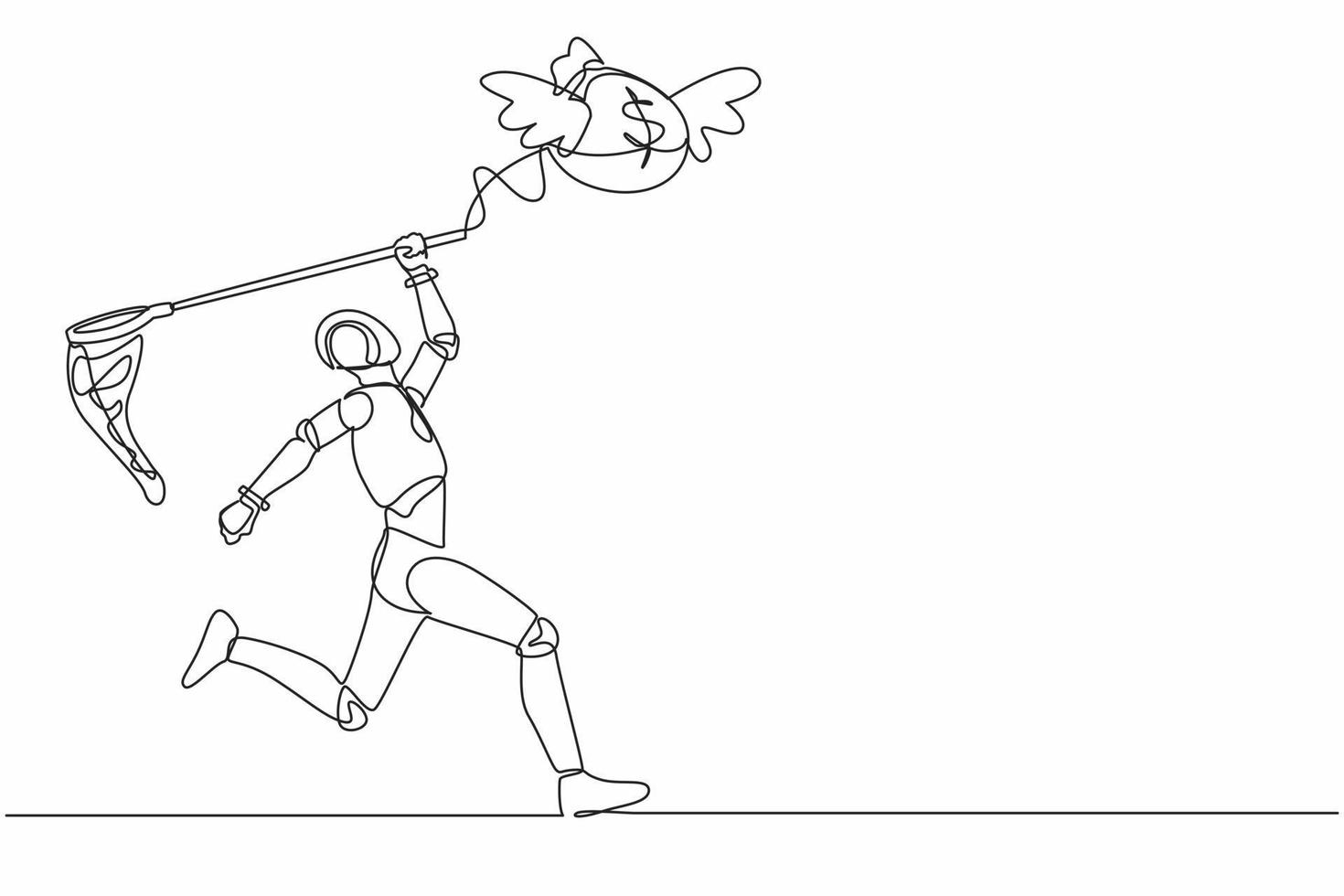 Continuous one line drawing robot try to catch flying money bag with butterfly net. Achieving profit goal for tech development. Robot cybernetic organism. Single line draw design vector illustration