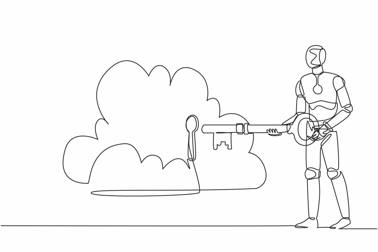 Continuous one line drawing robot putting big key into cloud. Safety storage, password lock security authentication. Humanoid robot cybernetic organism. Single line design vector graphic illustration