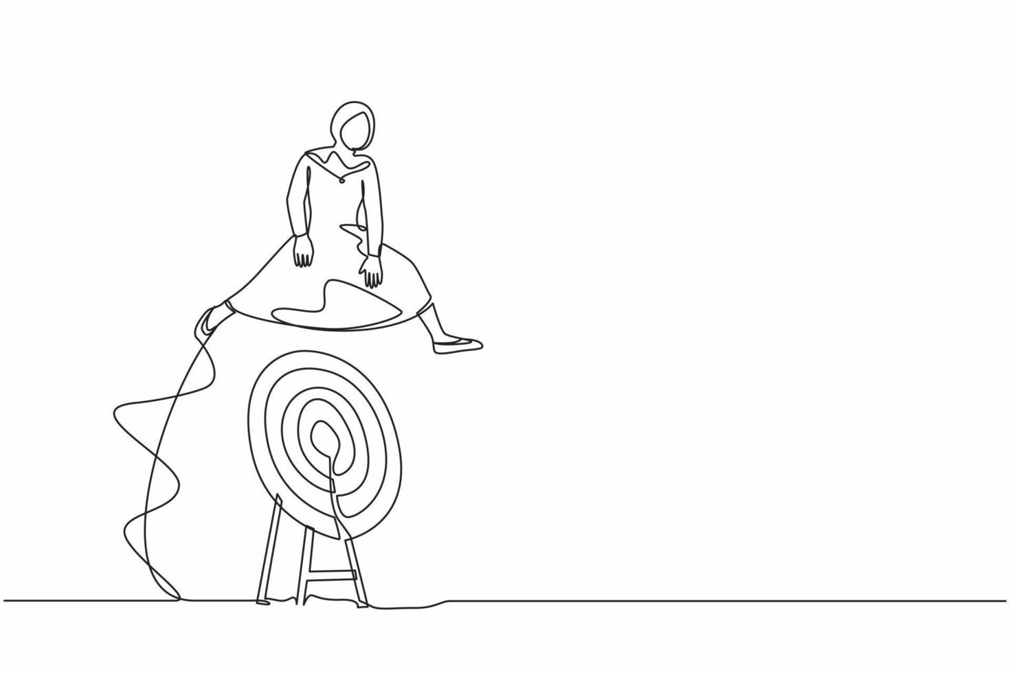 Single one line drawing Arab businesswoman jumping on big archery bullseye target. Achievement target goals. Advancement in career or business growth. Continuous line draw design vector illustration