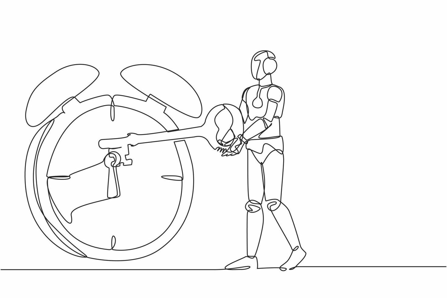 Single one line drawing robot putting big key into alarm clock. Deadline work to finish. Time management. Future technology development. Modern continuous line draw design graphic vector illustration