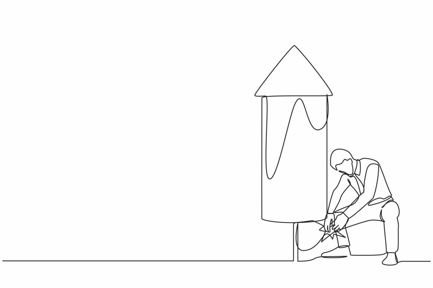 Single continuous line drawing businessman launching firework rocket. Grow business, boost investment profit or earnings, increase growth or economic boom. One line graphic design vector illustration