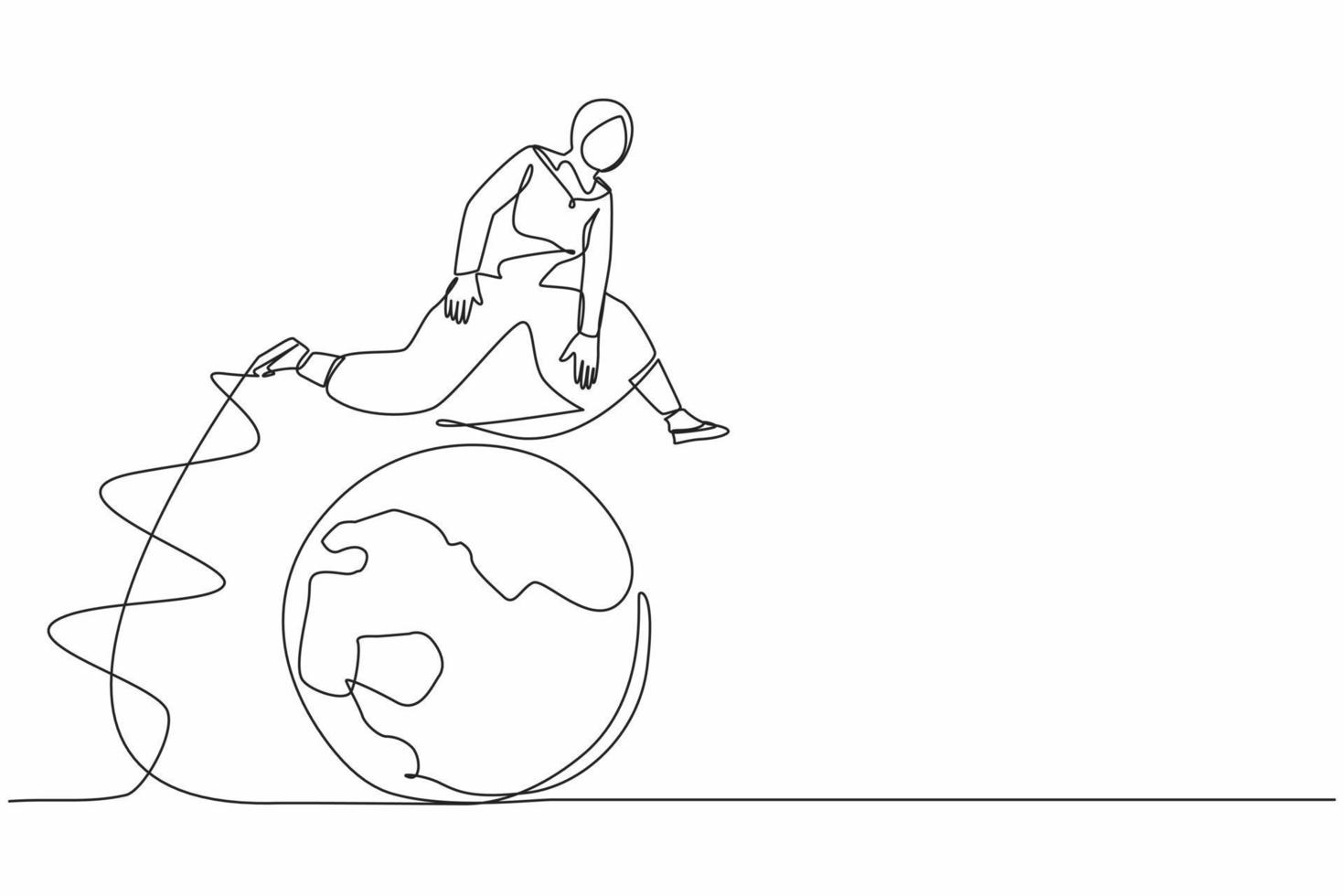 Continuous one line drawing Arab businesswoman jumping over globe. Travel destination concept. International partnership, cooperation and teamwork. Single line draw design vector graphic illustration