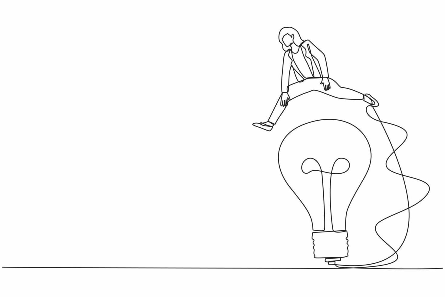 Continuous one line drawing businesswoman jumping over big light bulb. Creativity and improvisation business idea. Innovation transformation technology. Single line design vector graphic illustration