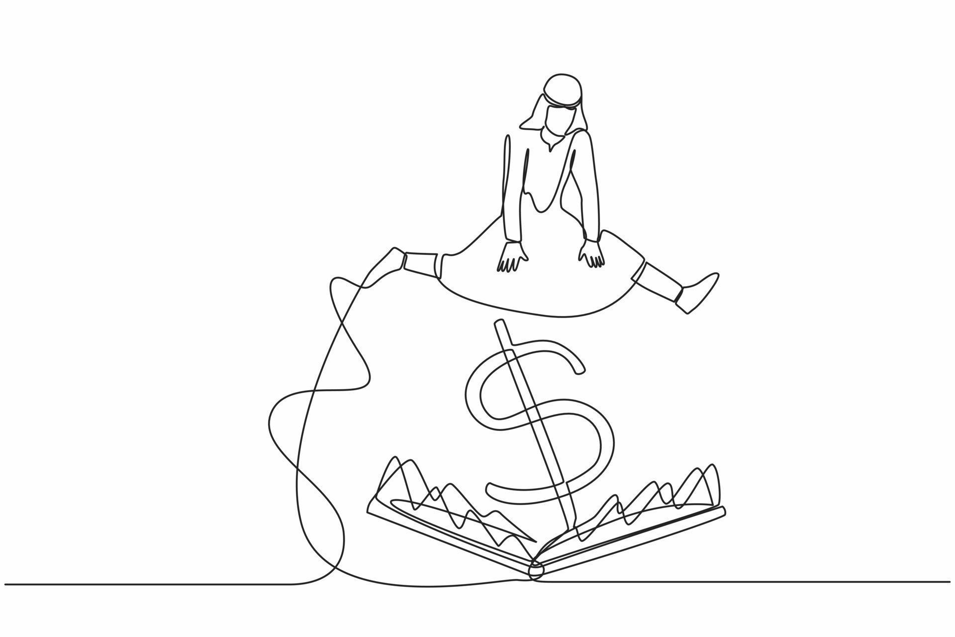 Single continuous line drawing Arab businessman jumping over pitfall with big money dollar sign