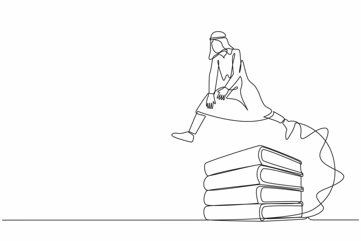 Continuous one line drawing Arabian businessman jumping over pile of big binders. Management paperwork system. Office information classification, document paper. Single line design vector illustration