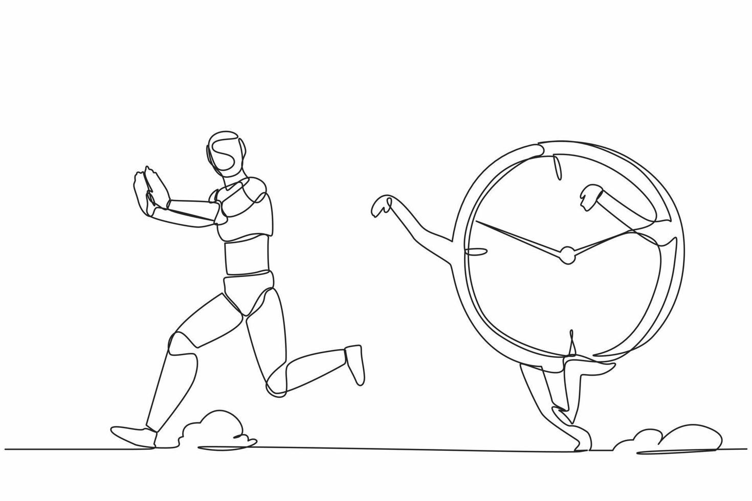 Single continuous line drawing stressed robot being chased by time. Afraid with project schedule target, productivity. Robotic artificial intelligence. One line draw graphic design vector illustration