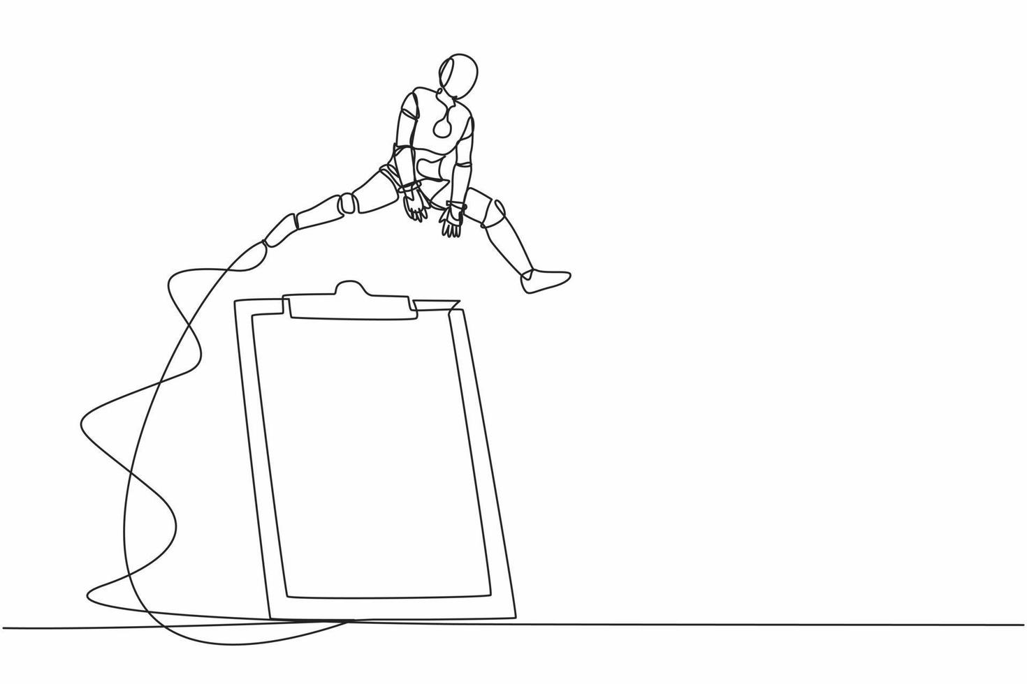 Single one line drawing robot jumping over big clipboard. Checklist survey application paper sheets document. Future technology development. Modern continuous line design graphic vector illustration