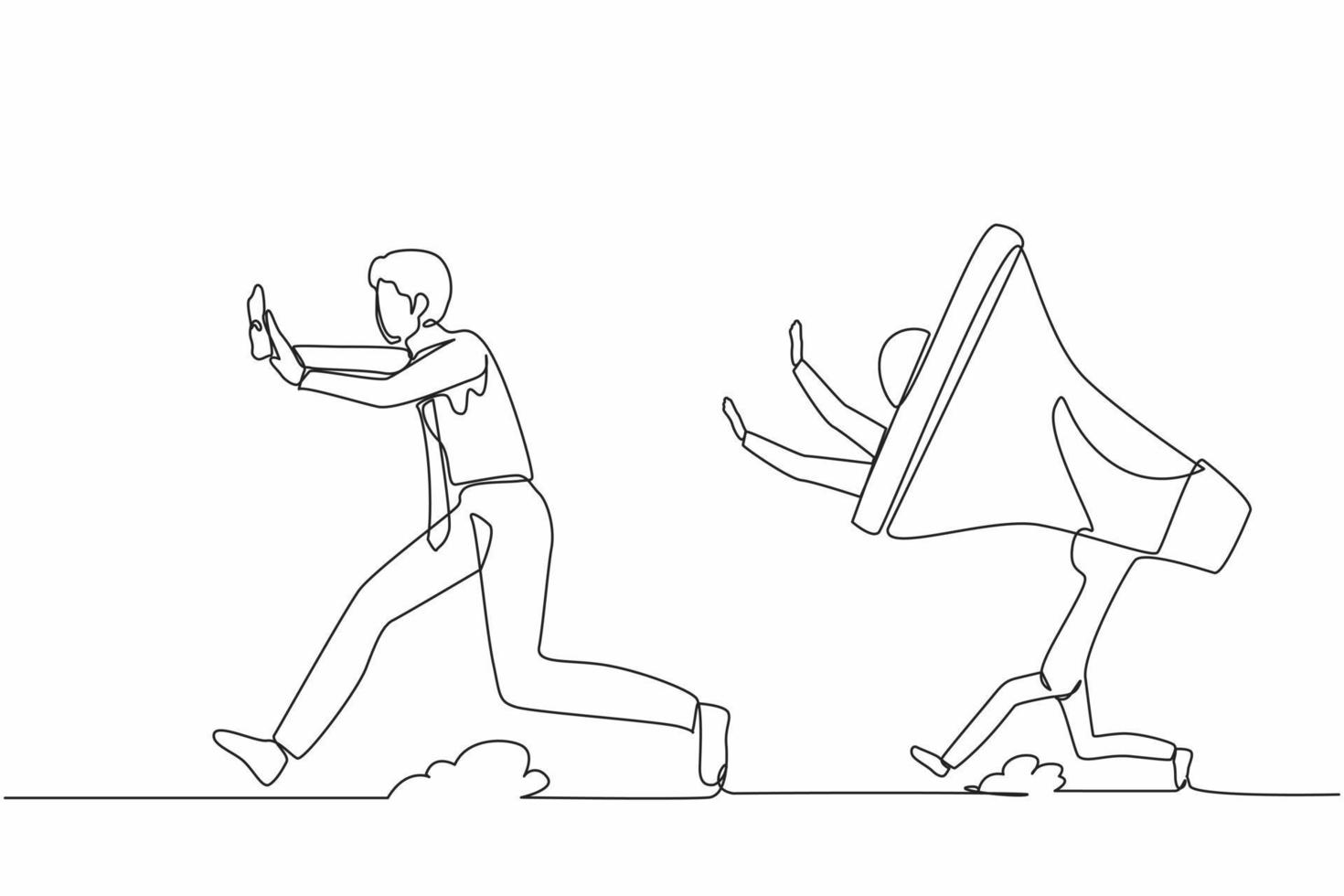 Single one line drawing stressed businessman being chased by megaphone. Office worker avoid loud screaming from boss. Minimal metaphor concept. Continuous line draw design graphic vector illustration