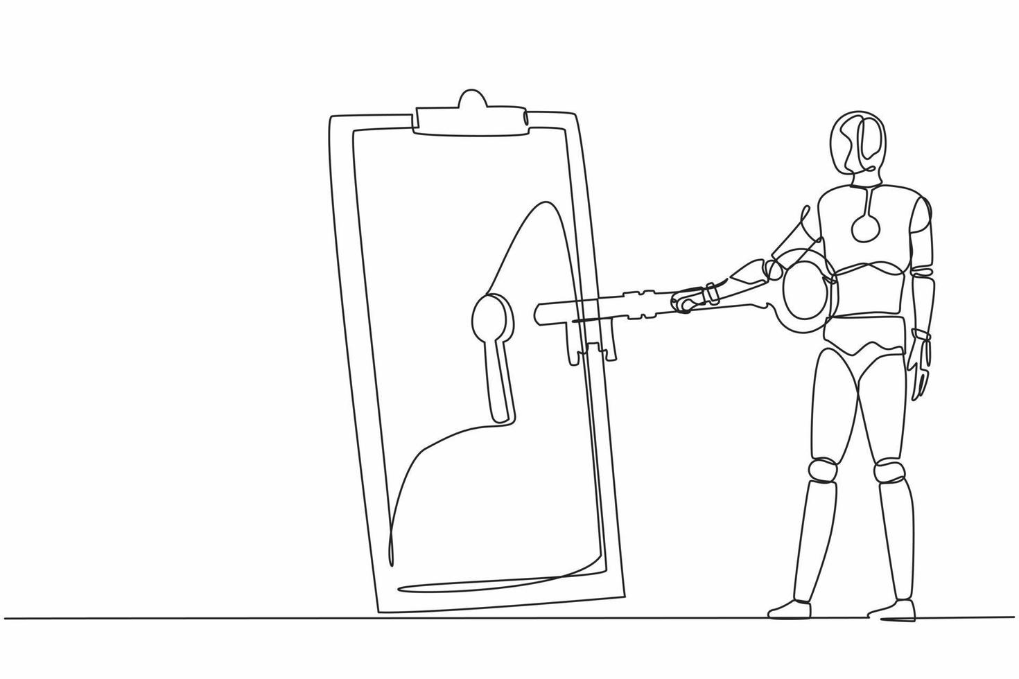 Single one line drawing robot put big key into clipboard. Digital document or contract for security protection. Future technology development. Continuous line draw design graphic vector illustration