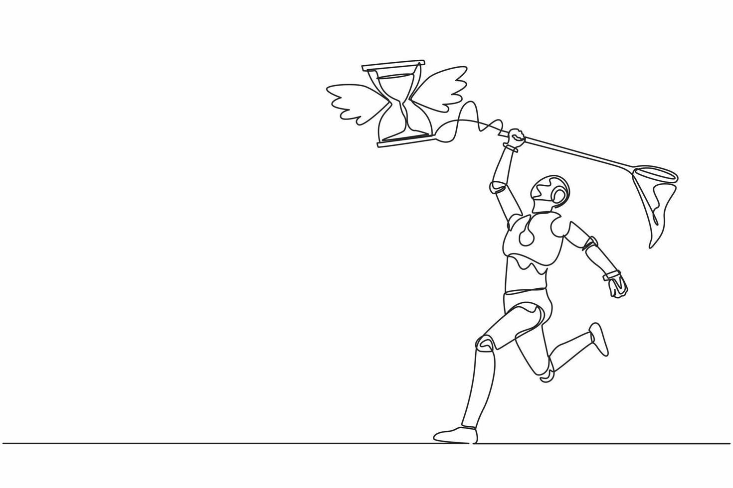Continuous one line drawing robot try to catching flying hourglass with butterfly net. Stress, deadlines, depression of work. Humanoid cybernetic organism. Single line draw design vector illustration