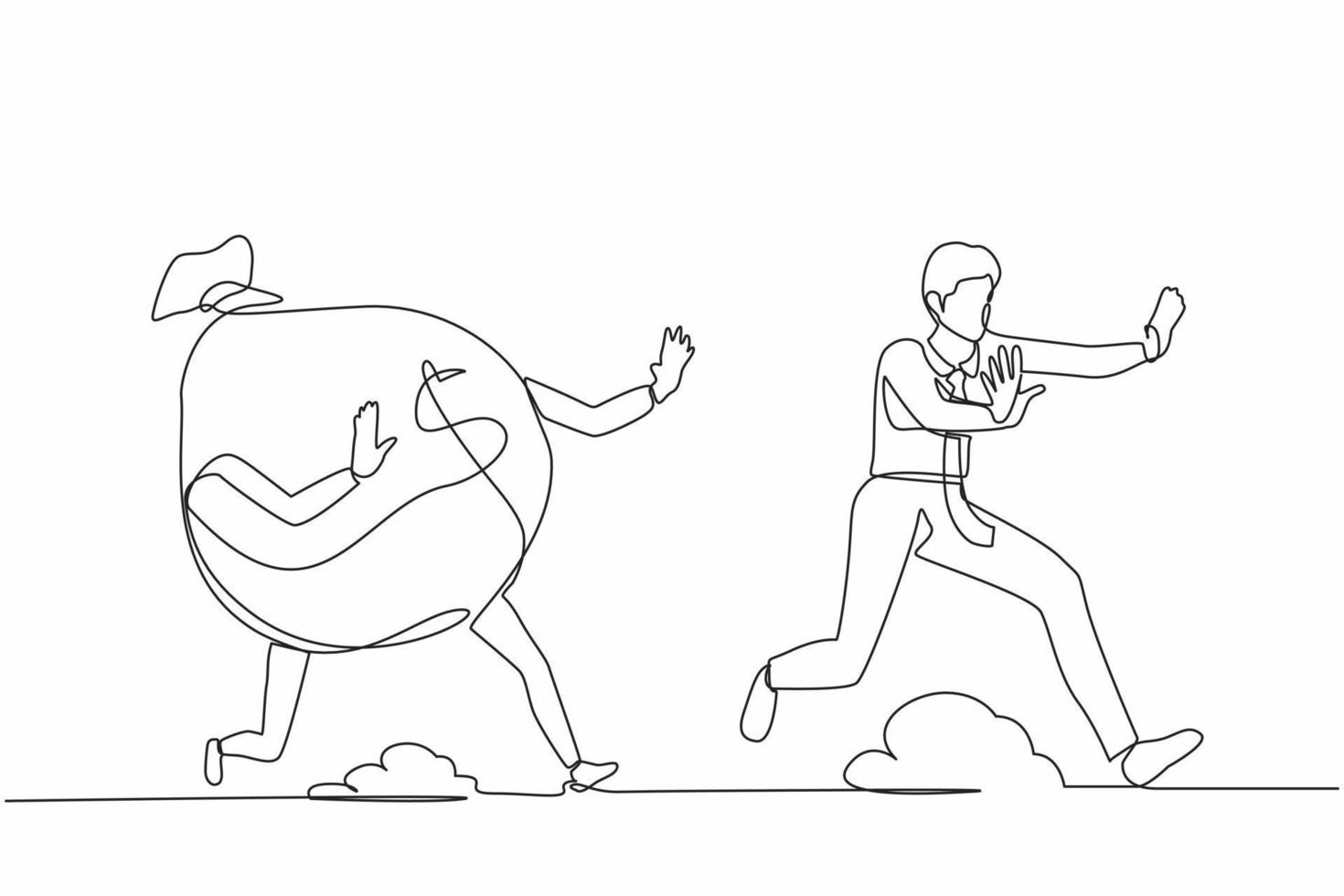 Continuous one line drawing stressed businessman being chased by money bag. Failed achieving goals and profit, exhausted for success, running out for money. Single line draw design vector illustration