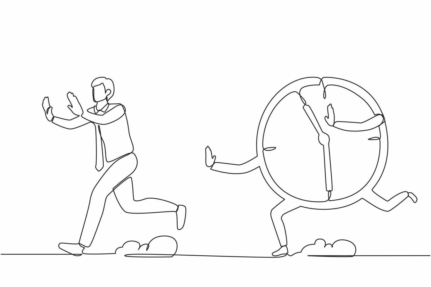 Single continuous line drawing stressed businessman being chased by time, deadline. Planning schedules, productivity and time management. Dynamic one line draw graphic design vector illustration