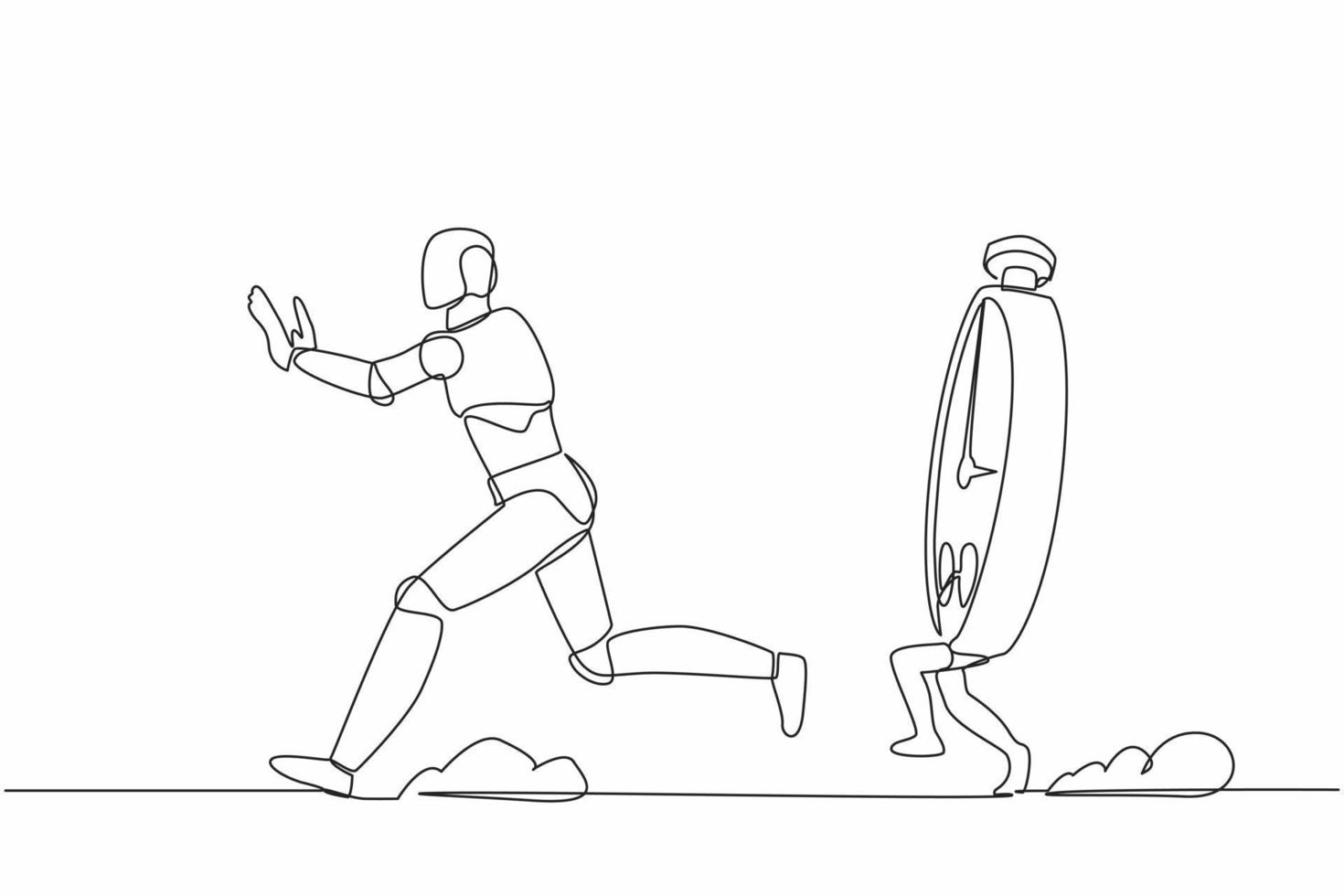 Single one line drawing stressed robot being chased by stopwatch. Afraid in project measurement and deadline. Future robotic technology development. Continuous line design graphic vector illustration