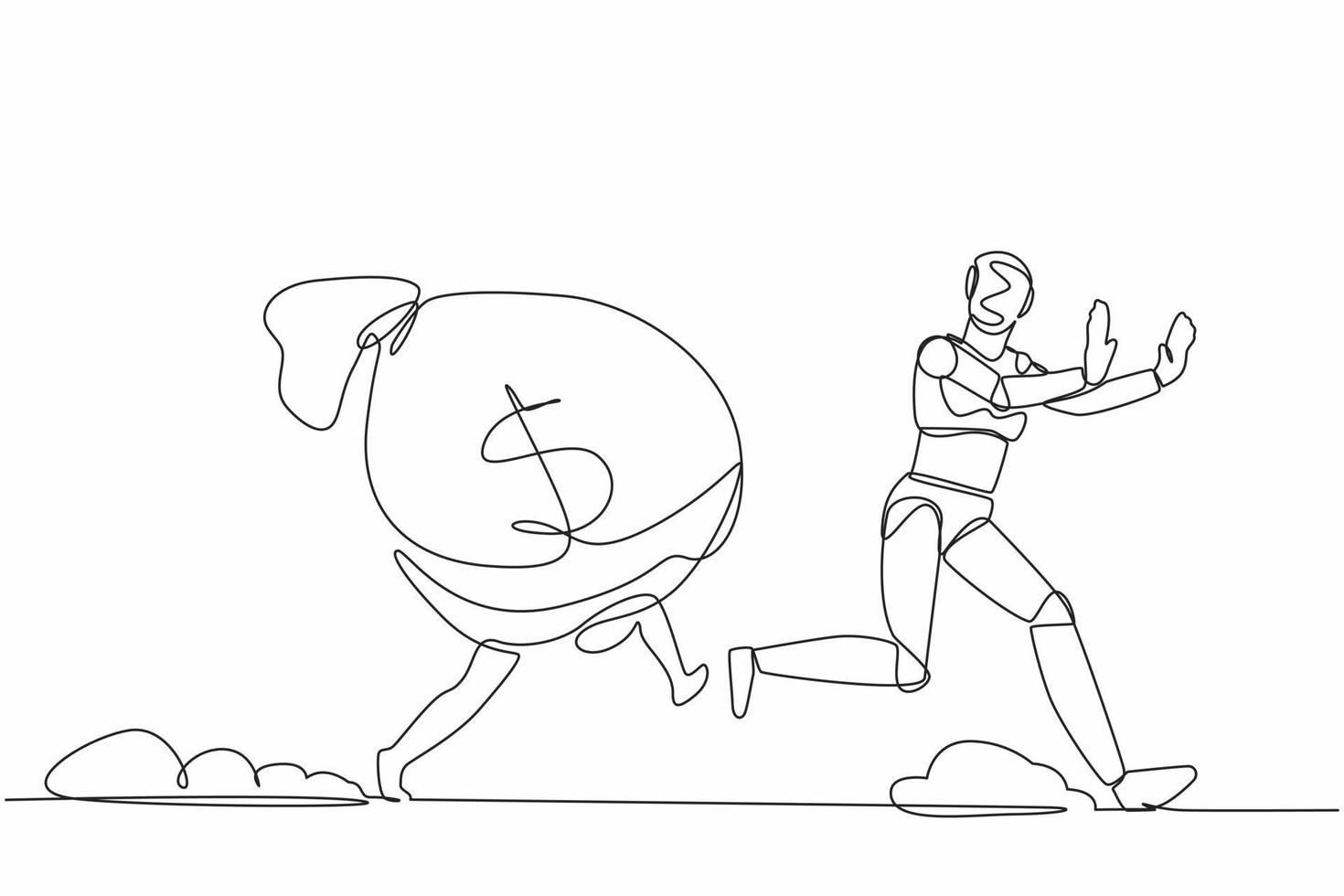 Single one line drawing stressed robot being chased by money bag. Hurry in achieving wealth and profit goals. Future technology development. Continuous line draw design graphic vector illustration
