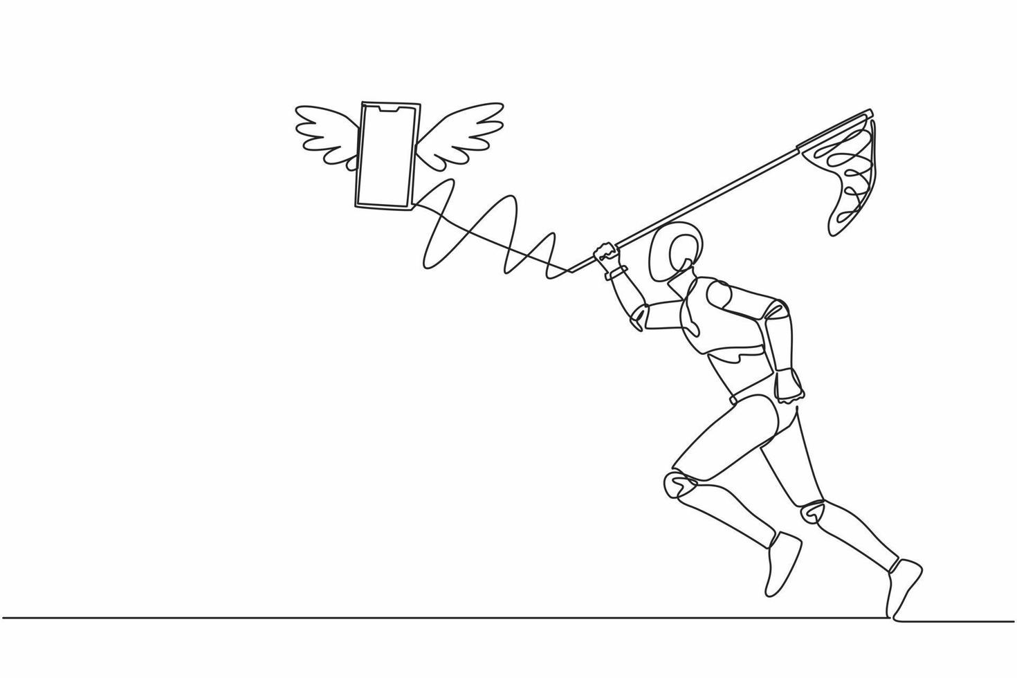 Single one line drawing robot try to catch flying smartphone with butterfly net. Talking, communication, gadget. Future technology. Artificial intelligence. Continuous line design vector illustration