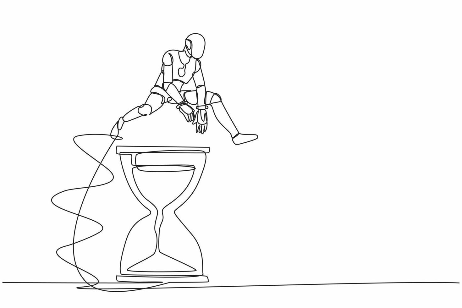 Single continuous line drawing robot jumping over hourglass. Business scheduling and time management concept. Modern robotic artificial intelligence. One line draw graphic design vector illustration