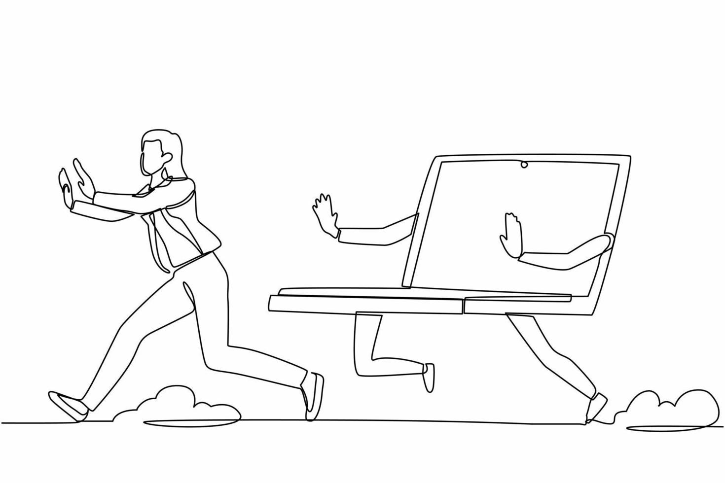 Single continuous line drawing scared businesswoman being chased by laptop. Female manager in office who has deadlines and project tasks that are constantly. One line draw design vector illustration