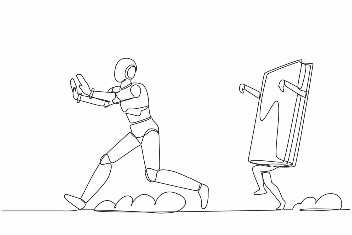 Single continuous line drawing stressed robot being chased by book. Smart robotic manual book process. Artificial intelligence. Electronic technology industry. One line draw design vector illustration