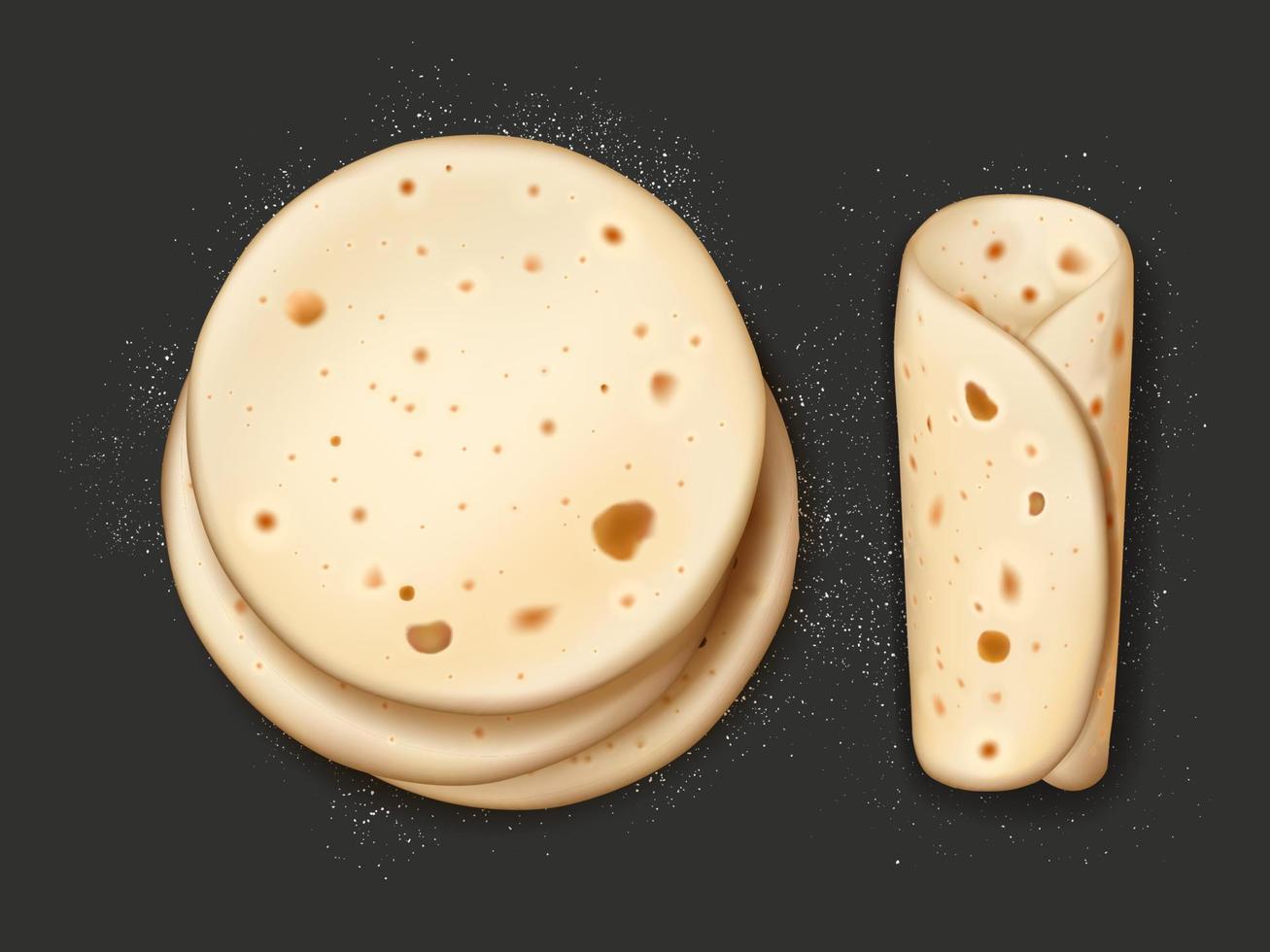 Realistic pita bread with flour, vector lavash