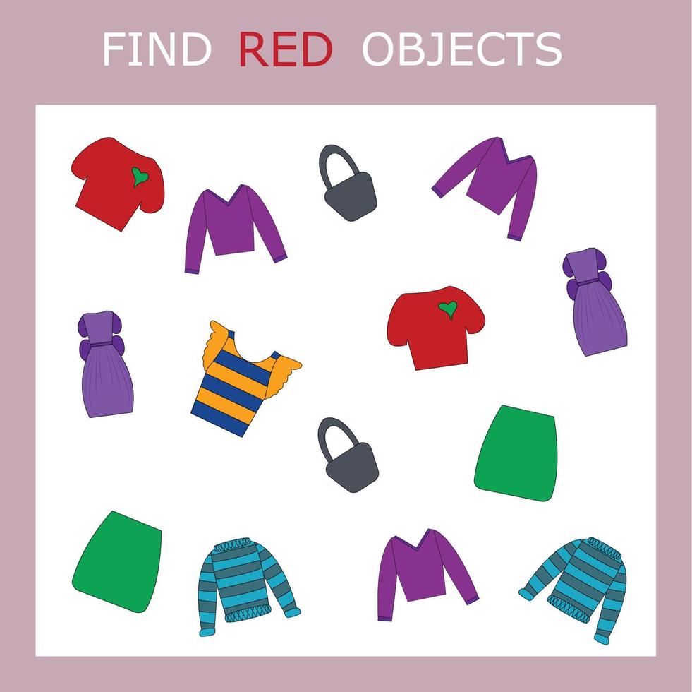 Find the red clothes character among others. Looking for red. Logic game for children. vector