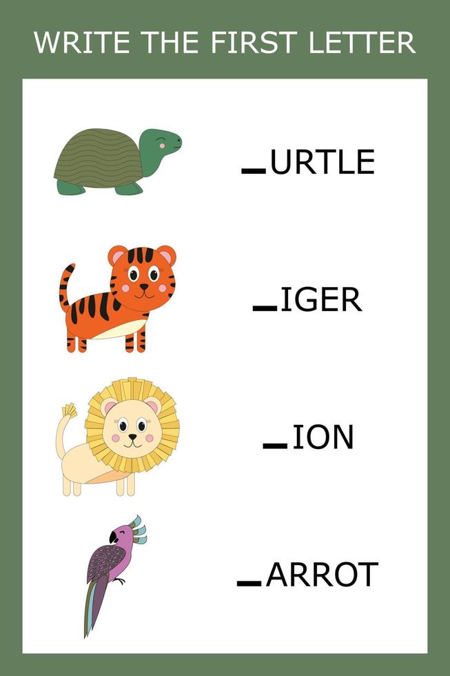 Find the first letter of the word  and connect. Educational game for children. vector