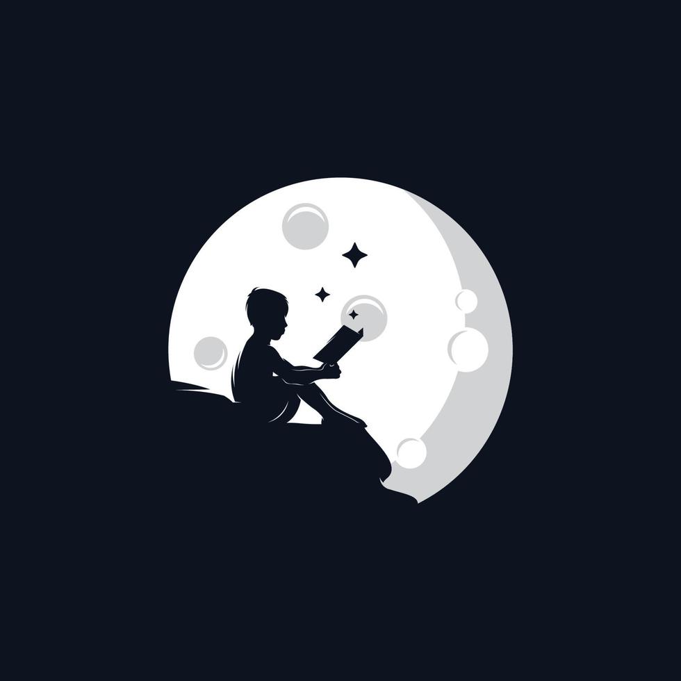 Cute little boy reading book on the moon logo design vector