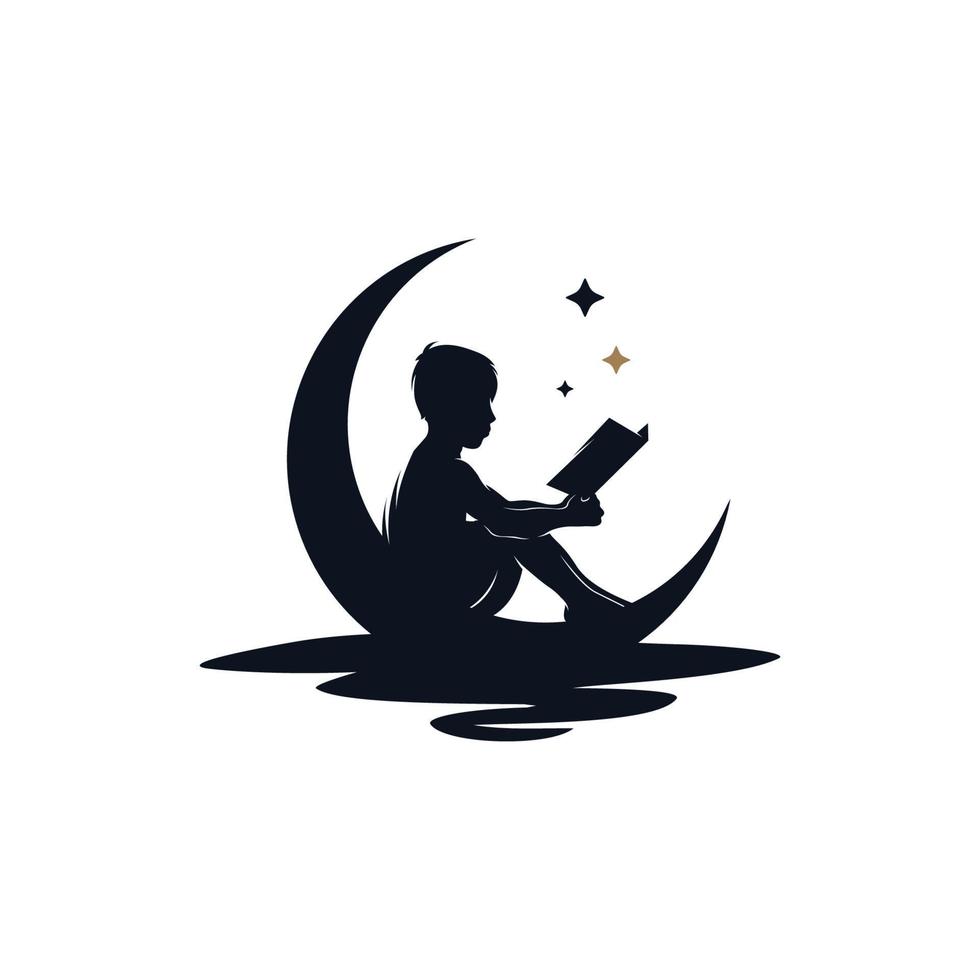 Cute little boy reading book on the moon logo design vector