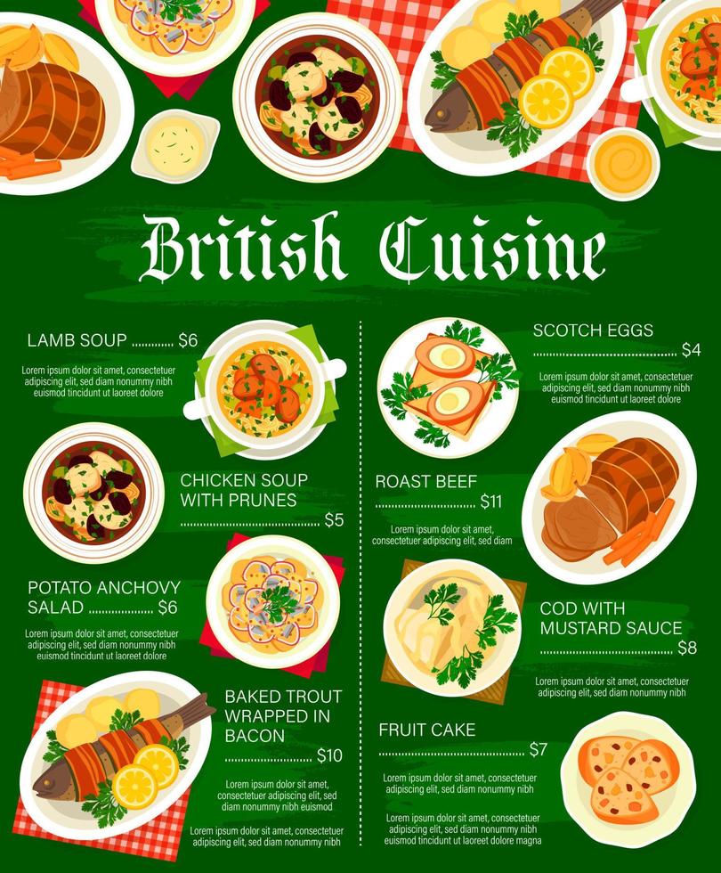 plantilla de vector de página de menú de restaurante de comida británica