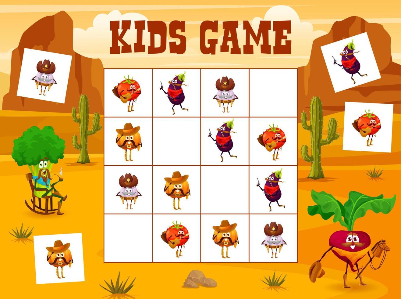 juego de sudoku para niños con personajes vegetales vaqueros vector