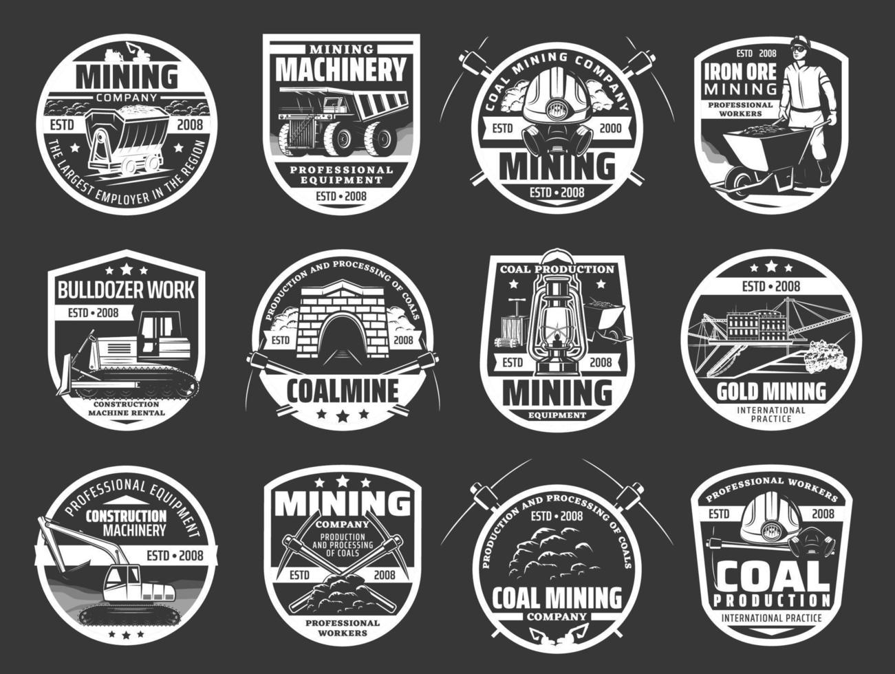 conjunto de iconos vectoriales aislados de la industria minera del carbón vector