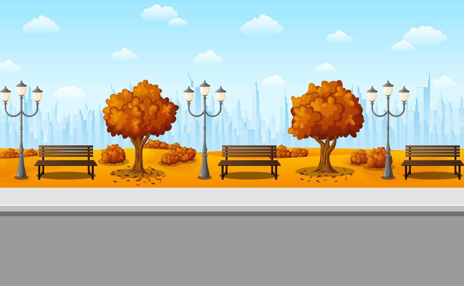 Autumn city park with bench and streetlight on suburban vector