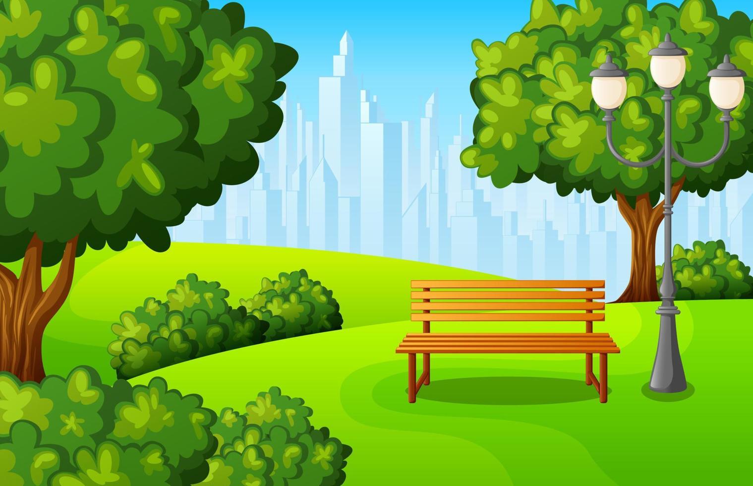 Green city park with bench and streetlight on suburban vector