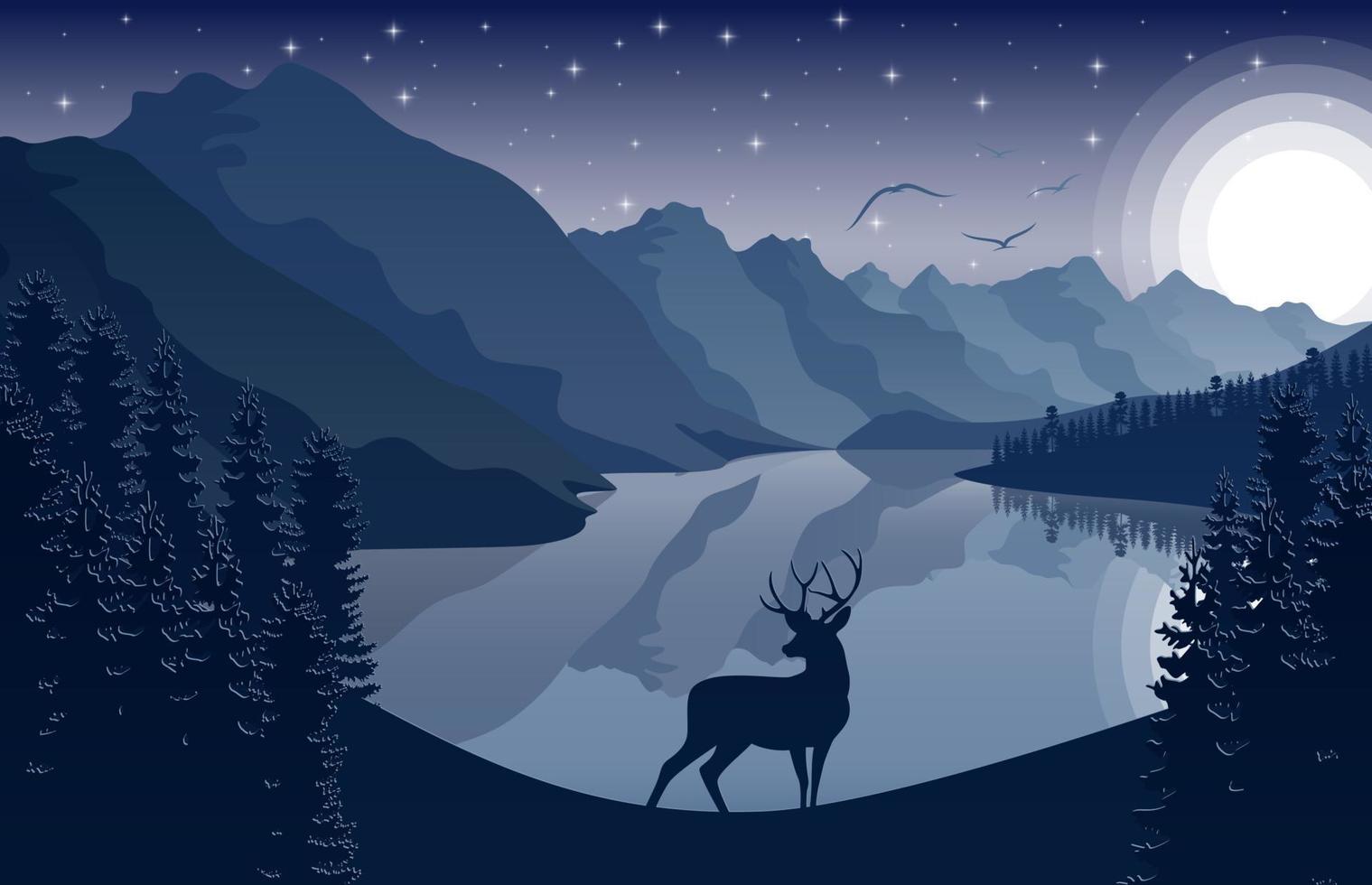 Mountain landscape with deer and forest at night vector