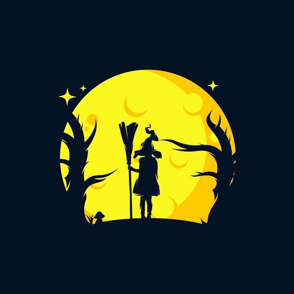 Little Witch logo template with a flying broom vector