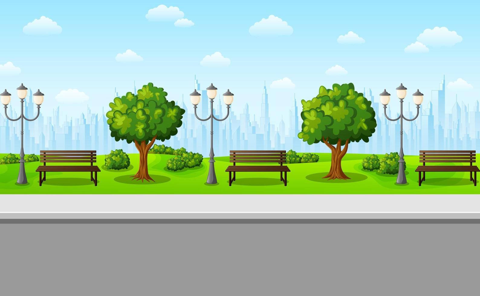 Green city park with bench and streetlight on suburban vector