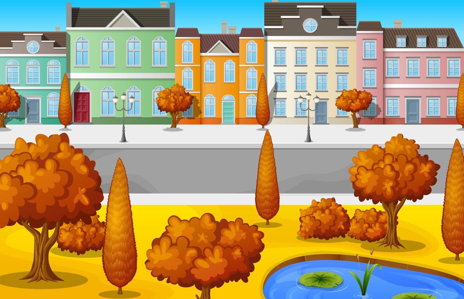 ilustración vectorial del paisaje urbano con edificios y árboles en la temporada de otoño vector