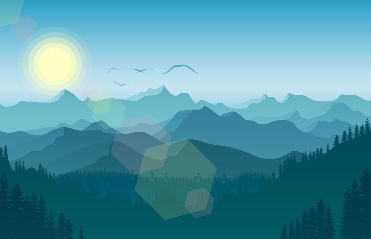 ilustración vectorial del paisaje montañoso con ciervos y bosques por la mañana vector