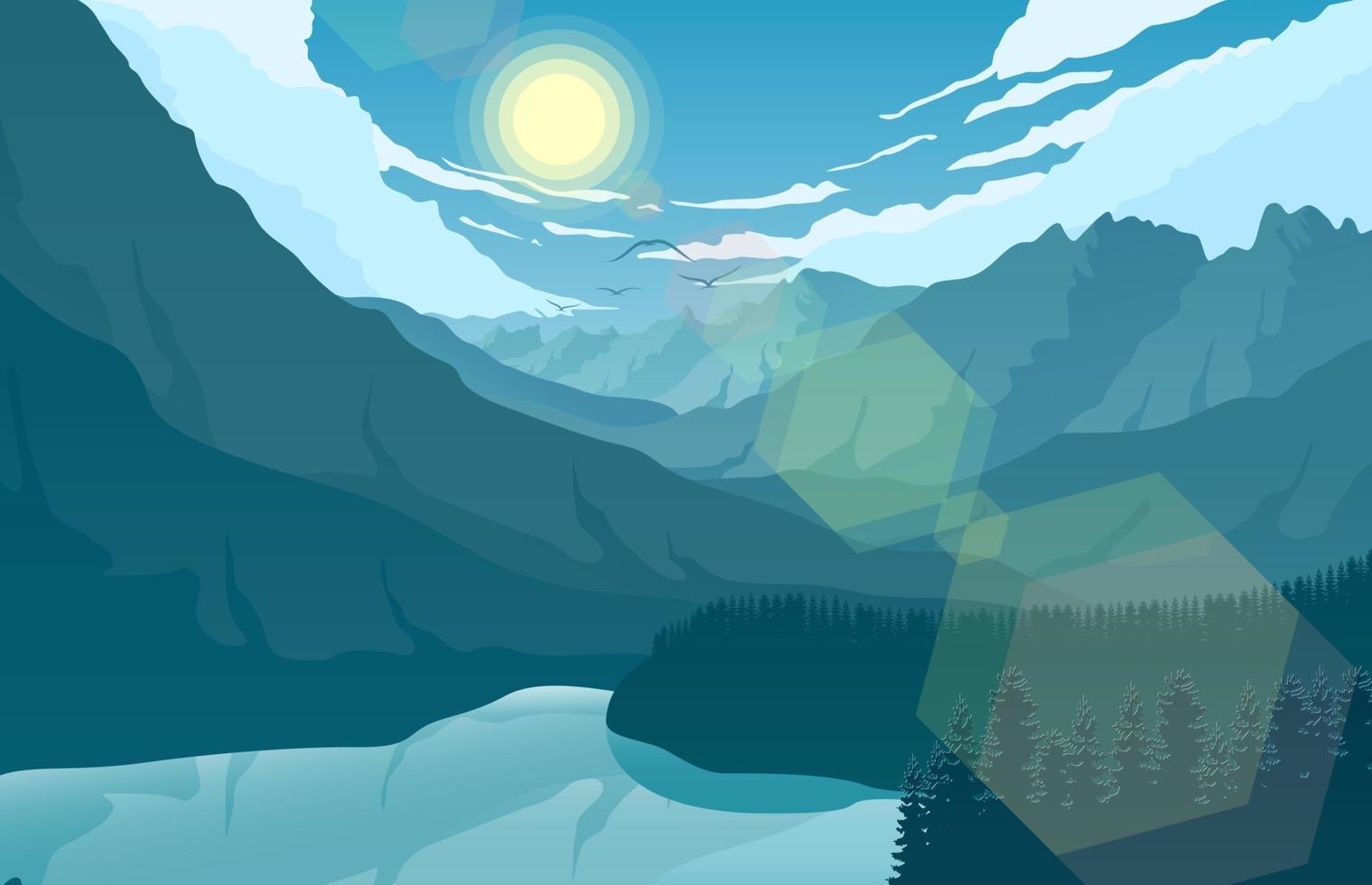 ilustración vectorial del paisaje montañoso con ciervos y bosques por la mañana vector